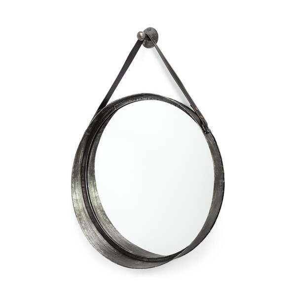 Homeroots 30 in. Round Black Metal Frame with Leather Strap Wall Mirror - 376375