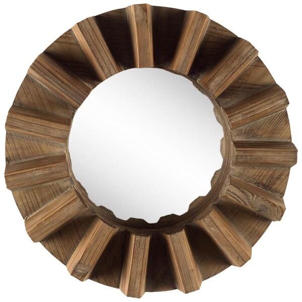 Homeroots 17 in. Round Brown Wood Frame Wall Mirror - 376376