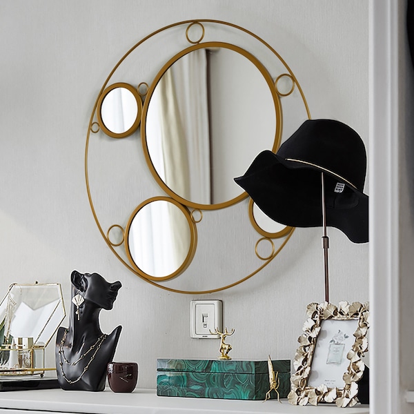Uniquewise Decorative Round Frame Gold Metal Wall Mounted Modern Mirror with 4 Glass Mirror Balls - QI004577