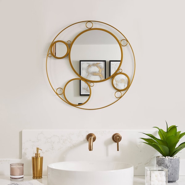 Uniquewise Decorative Round Frame Gold Metal Wall Mounted Modern Mirror with 4 Glass Mirror Balls - QI004577