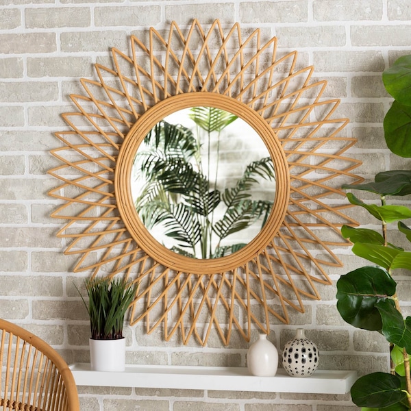 Baxton Studio Vera Modern Bohemian Natural Brown Rattan Accent Wall Mirror - 211-12756-ZORO