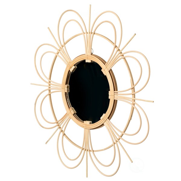 Vintiquewise Decorative Flower Shape Woven Rattan Wood Round Modern Hanging Wall Mirror - QI004163