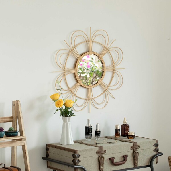 Vintiquewise Decorative Flower Shape Woven Rattan Wood Round Modern Hanging Wall Mirror - QI004163