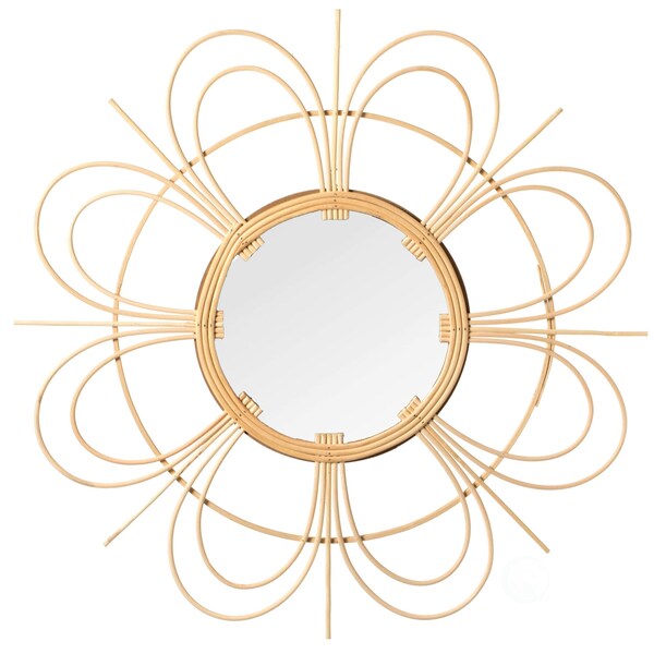 Vintiquewise Decorative Flower Shape Woven Rattan Wood Round Modern Hanging Wall Mirror - QI004163