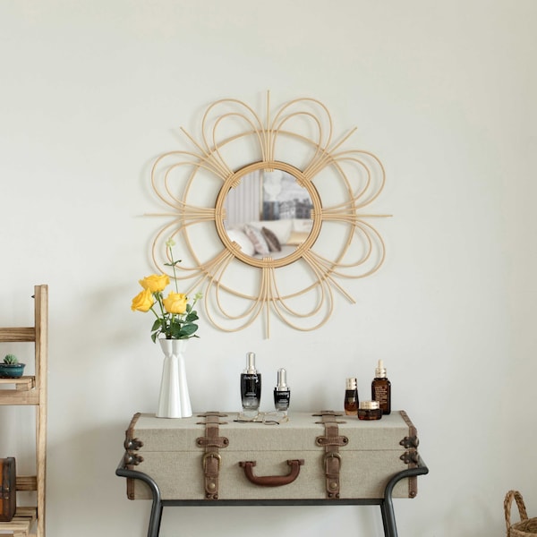 Vintiquewise Decorative Flower Shape Woven Rattan Wood Round Modern Hanging Wall Mirror - QI004163