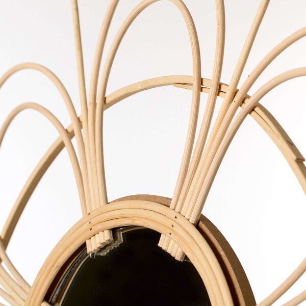 Vintiquewise Decorative Flower Shape Woven Rattan Wood Round Modern Hanging Wall Mirror - QI004163