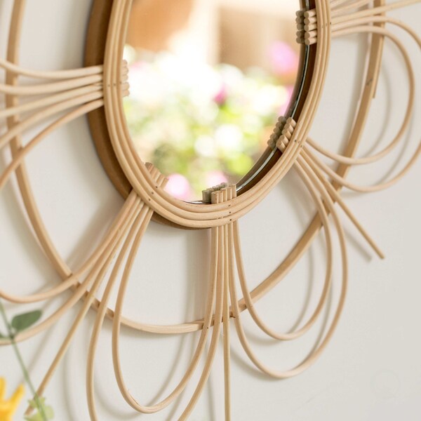 Vintiquewise Decorative Flower Shape Woven Rattan Wood Round Modern Hanging Wall Mirror - QI004163