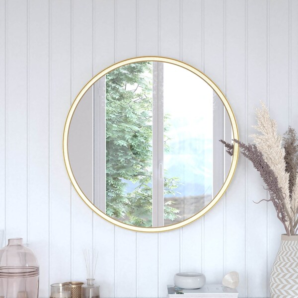 Flash Furniture 27.5in Round Gold Metal Framed Accent Wall Mirror - HMHD-9M3000GD-GLD-GG