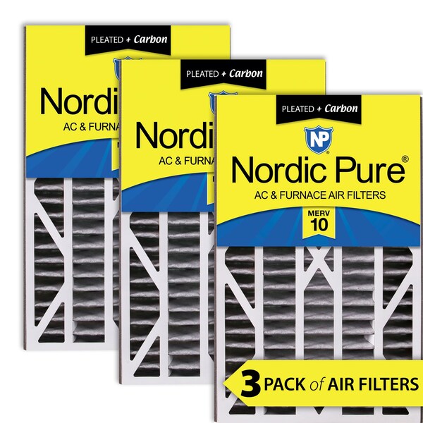 Nordic Pure 16x25x3 Plus Carbon Pleated Air Filter, High Capacity, MERV 10, 3 PK - 16X25X3ABPM10C-3