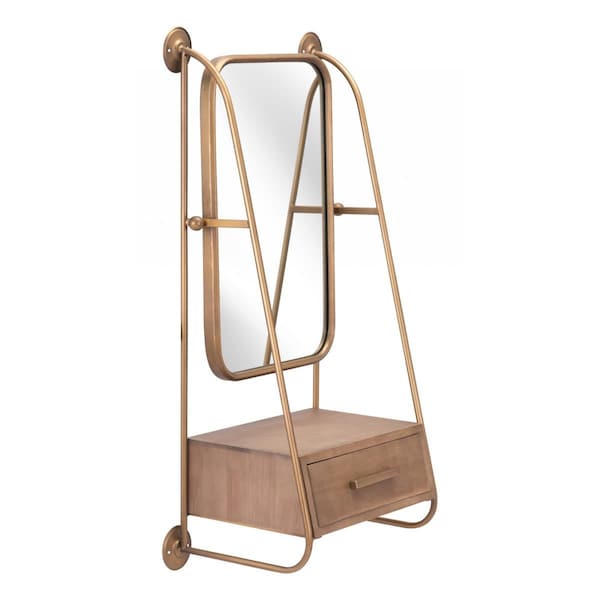 Homeroots 35.6 x 18.9 x 11 in. Gold Mirror Shelf with Birch Drawer - 391668