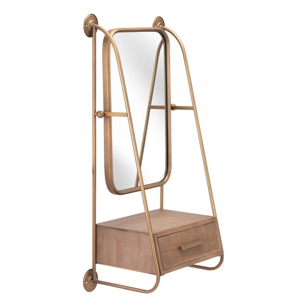 Gfancy Fixtures 35.6 x 18.9 x 11 in. Gold Mirror Shelf with Birch Drawer - GF3655193