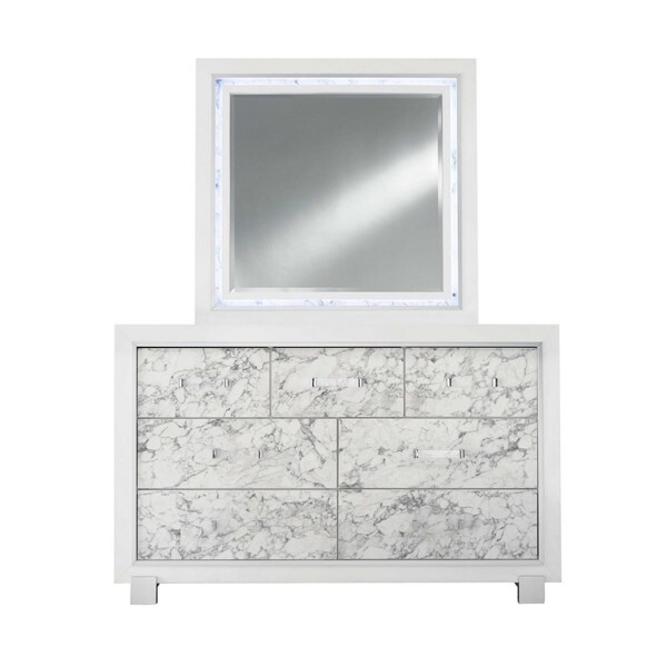 Gfancy Fixtures Modern White Mirror with Faux Marble Border Detail LED Lightning - GF3647724