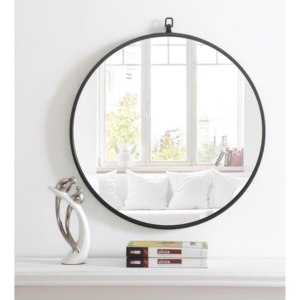 Elegant Decor Metal Frame Round Mirror With Decorative Hook 24 Inch Black Finish - MR4051BK