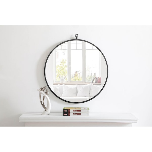 Elegant Decor Metal Frame Round Mirror With Decorative Hook 24 Inch Black Finish - MR4051BK