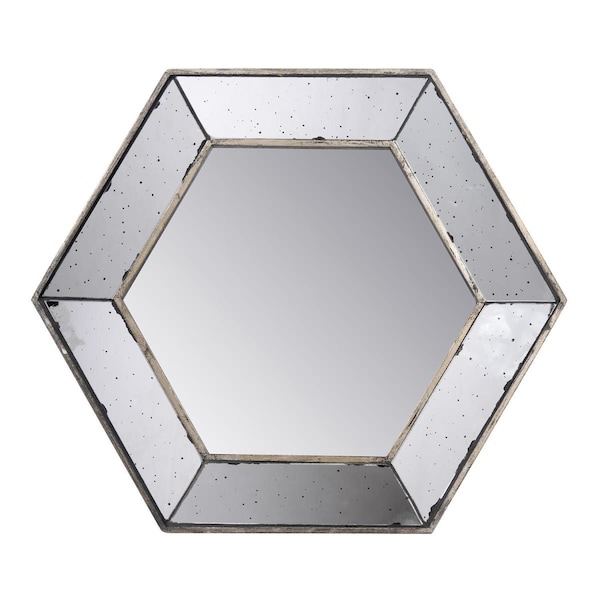 Gfancy Fixtures 18 in. Hexagon Wall Mounted Vintage Style Glass Frame Accent Mirror, Silver - GF3102928