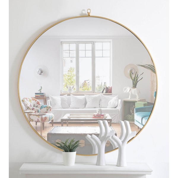 Elegant Decor Metal Frame Round Mirror With Decorative Hook 48 Inch Brass Finish - MR4068BR