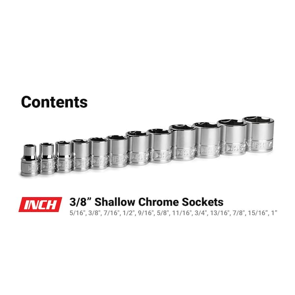 Capri Tools 38 Drive Shallow Chrome Socket Set, 6Point, 516 to 1, 12Pcs - CP12320-12SS
