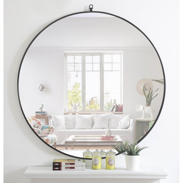 Elegant Decor Metal Frame Round Mirror With Decorative Hook 48 Inch Black Finish - MR4067BK