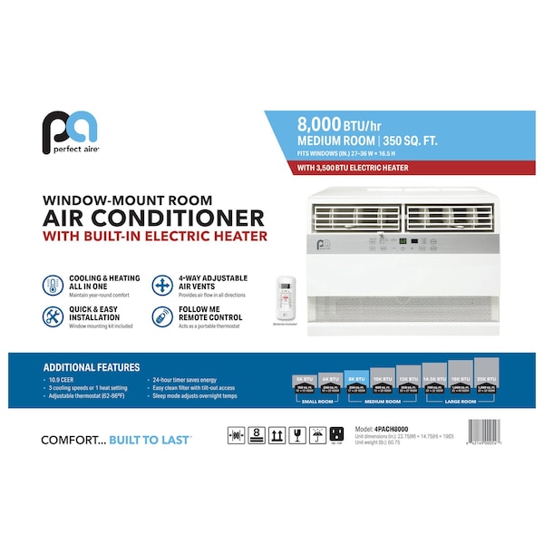 Perfect Aire 8,000 BTU Window Air Conditioner with Electric Heater R32 - 4PACH8000