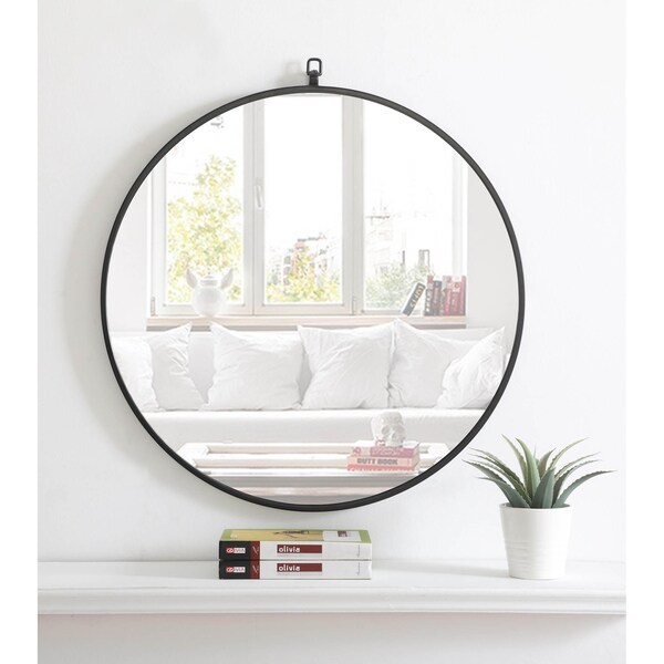 Elegant Decor Metal Frame Round Mirror With Decorative Hook 28 Inch Black Finish - MR4054BK