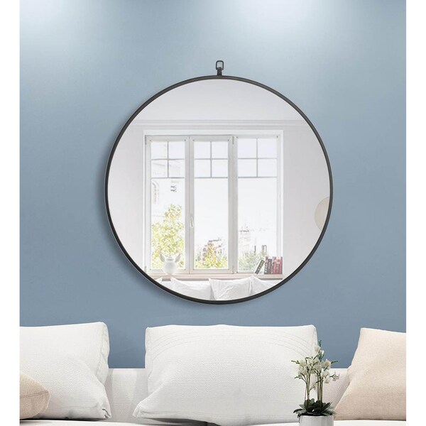 Elegant Decor Metal Frame Round Mirror With Decorative Hook 28 Inch Black Finish - MR4054BK