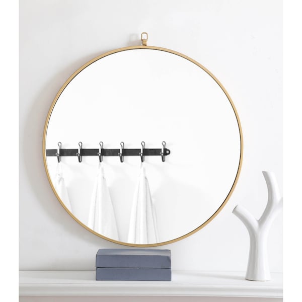 Elegant Decor Metal Frame Round Mirror With Decorative Hook 28 Inch Brass Finish - MR4055BR
