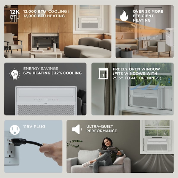 Tcl Q-Series 12,000 BTU 550 Sq. Ft. Smart Inverter Window Air Conditioner with Heater, Remote Control - H12W4KWH