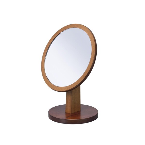 Homeroots Brown & Walnut Finish Round Vanity Mirror on Pedestal - 420746