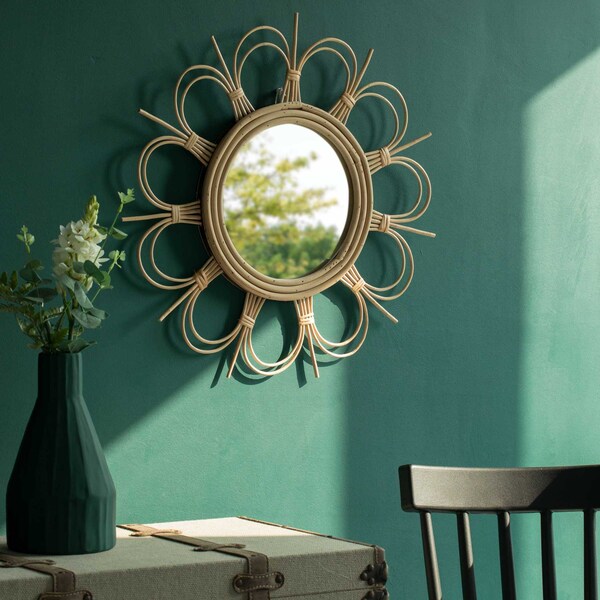 Fabulaxe Flower Decorative Shape Natural Rattan Wood Round Modern Boho Hanging Wall Mirror - QI004071