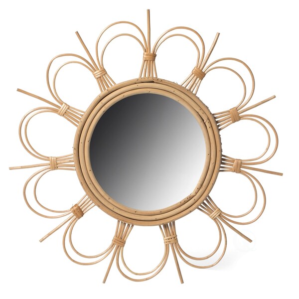 Fabulaxe Flower Decorative Shape Natural Rattan Wood Round Modern Boho Hanging Wall Mirror - QI004071