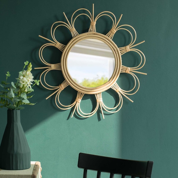 Fabulaxe Flower Decorative Shape Natural Rattan Wood Round Modern Boho Hanging Wall Mirror - QI004071