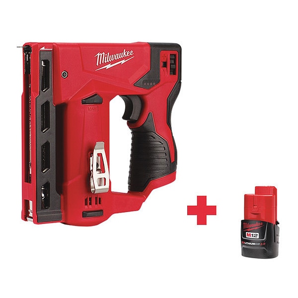 Milwaukee Tool Cordless Staple Gun, 12VDC, Crown 3/8 in, Includes Battery (2.0 Ah) - 2447-20, 48-11-2420