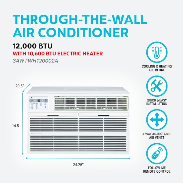 Arctic Wind 12,000 BTU 230V Through the Wall Air Conditioner with Supplemental Heat and Remote Control - 3AWTWH120002A