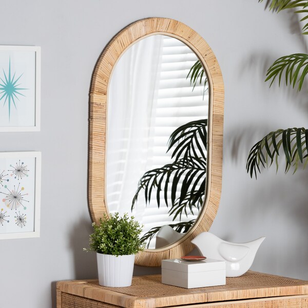 Baxton Studio Bella Modern Bohemian Natural Brown Mahognay Wood and Natural Rattan Oval Mirror - 226-13097-ZORO