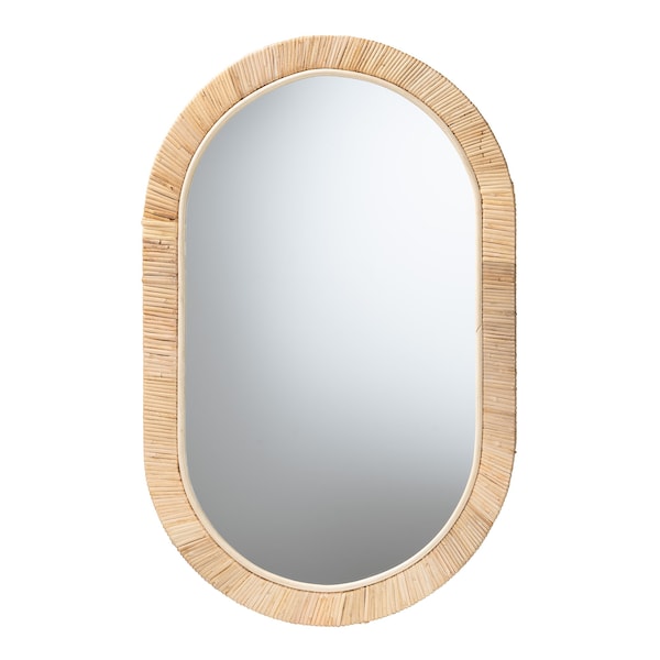 Baxton Studio Bella Modern Bohemian Natural Brown Mahognay Wood and Natural Rattan Oval Mirror - 226-13097-ZORO
