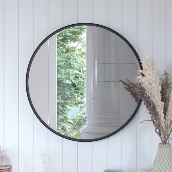 Flash Furniture 27.5" Round Black Metal Framed Accent Wall Mirror - HFMHD-75G-CRE8-412315-GG