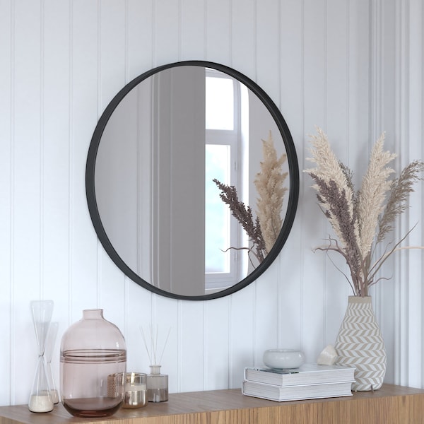 Flash Furniture 27.5" Round Black Metal Framed Accent Wall Mirror - HFMHD-75G-CRE8-412315-GG