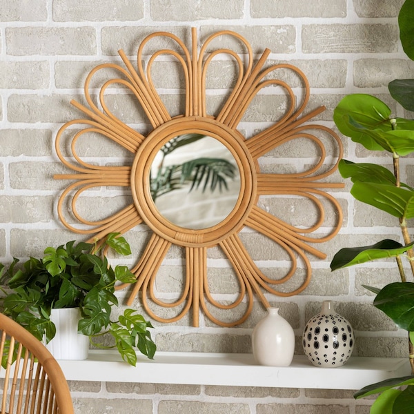 Baxton Studio Sakura Modern Bohemian Natural Brown Rattan Accent Wall Mirror - 211-12757-ZORO