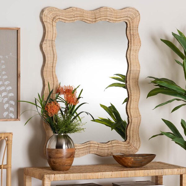 Bali & Pari Hasana Bohemian Natural Scallop Rattan Accent Wall Mirror - 245-13718-ZORO