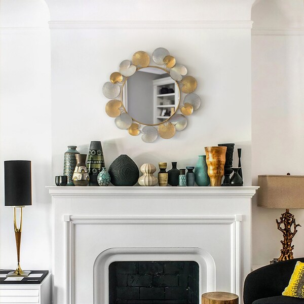 Fabulaxe 31" Accent Wall Mounted Mirror with Gold and Silver with Decorative Modern Pedal Leaf Frame - QI004341