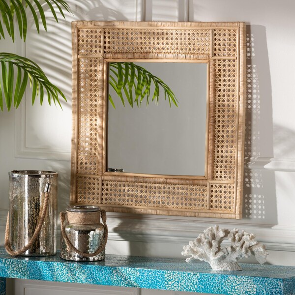 Bali & Pari Josepha Modern Bohemian Natural Brown Rattan Accent Wall Mirror - 240-13463-ZORO