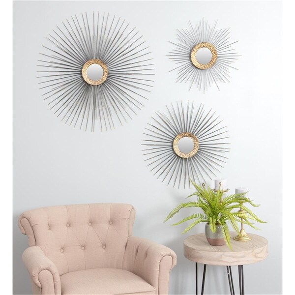 Chesterfield Leather Boteh Mid Century Wall Mirrors, Gray - Set of 3 - CH2757494