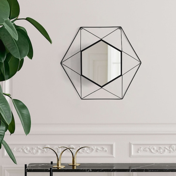 Uniquewise Decorative Star Shaped Black Metal Frame Modern Wall Mounted Geometric Mirror - QI004582
