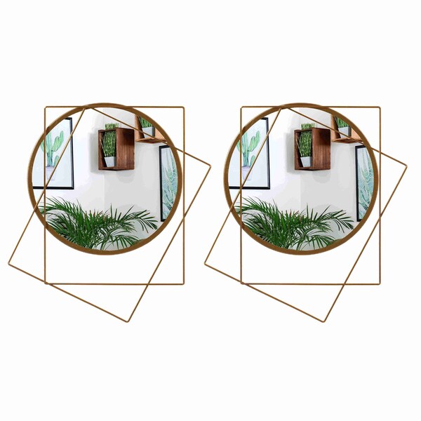 Uniquewise Set of 2 Decorative 20-inch Circle Mirror Featuring 2 Squares Shaped Gold Metal Frame - - QI004580.2