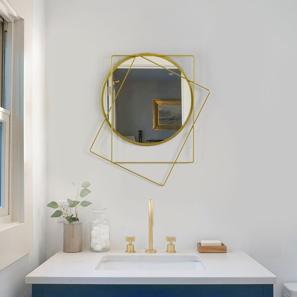 Uniquewise Set of 2 Decorative 20-inch Circle Mirror Featuring 2 Squares Shaped Gold Metal Frame - - QI004580.2