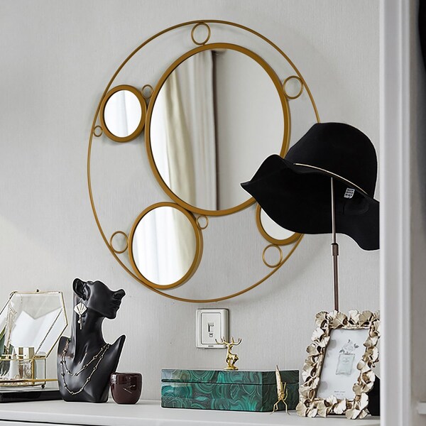 Uniquewise Set of 2 Decorative 19.75-inch Round Frame Mirror - Gold Metal Wall Mounted Mirror with 4 Glass - QI004577.2