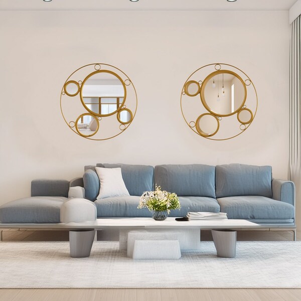 Uniquewise Set of 2 Decorative 19.75-inch Round Frame Mirror - Gold Metal Wall Mounted Mirror with 4 Glass - QI004577.2