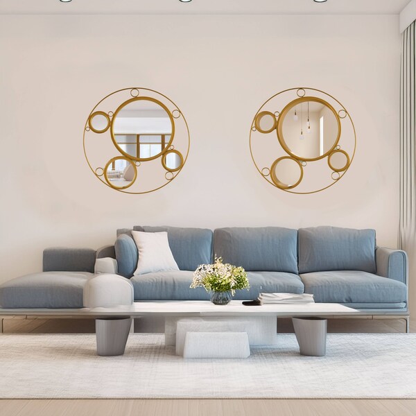 Uniquewise Set of 2 Decorative 19.75-inch Round Frame Mirror - Gold Metal Wall Mounted Mirror with 4 Glass - QI004577.2