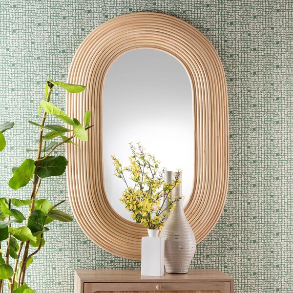 Bali & Pari Drucilla Modern Bohemian Natural Brown Rattan Oval Accent Wall Mirror - 242-13557-ZORO