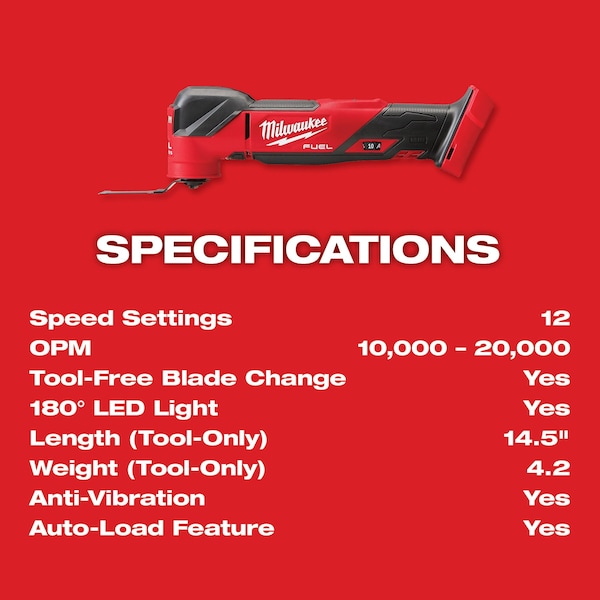 Milwaukee Tool Oscillating Multi-Tool, 18V DC, Cordless, 4.2  Degrees Oscillation Angle, M18 FUEL(TM) Series - 2836-20